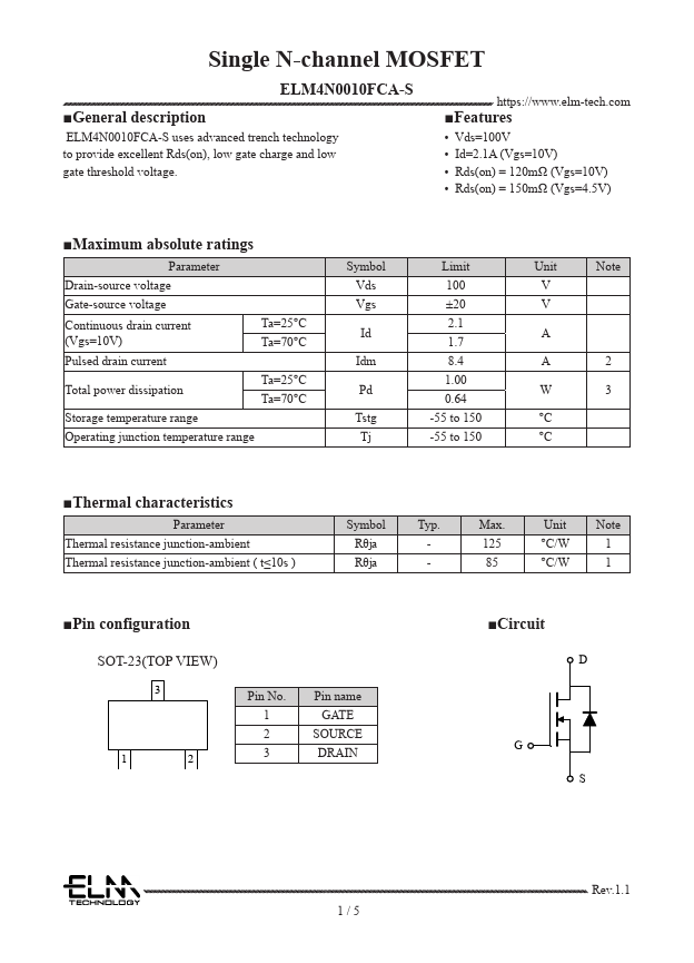 ELM4N0010FCA-S Single N-channel MOSFET by ELM - Datasheet Preview