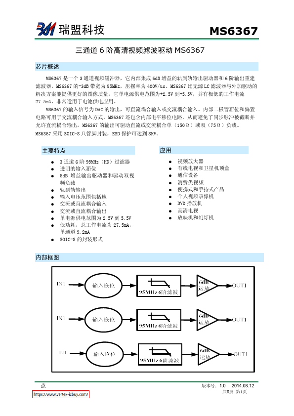 MS6367 Three-channel 6-order high-definition video filter driver by Ruimeng - Datasheet Preview