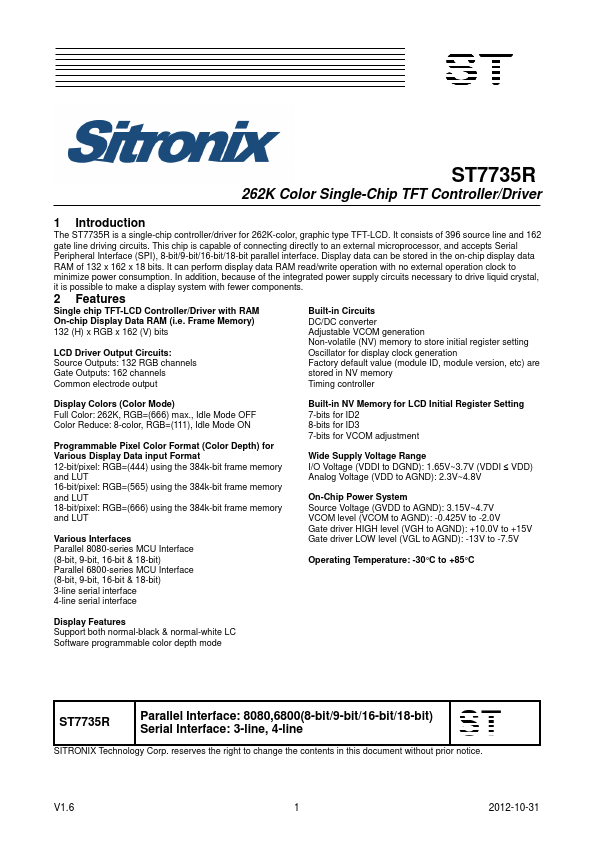 ST7735R Datasheet Preview