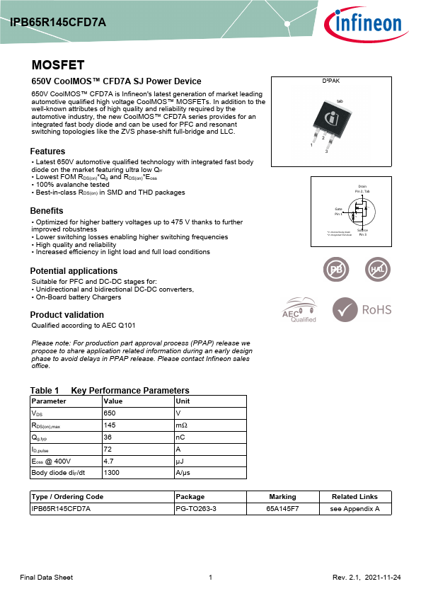 IPB65R145CFD7A Datasheet Preview