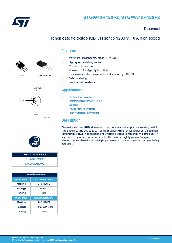 STGWA40H120F2 Datasheet Preview