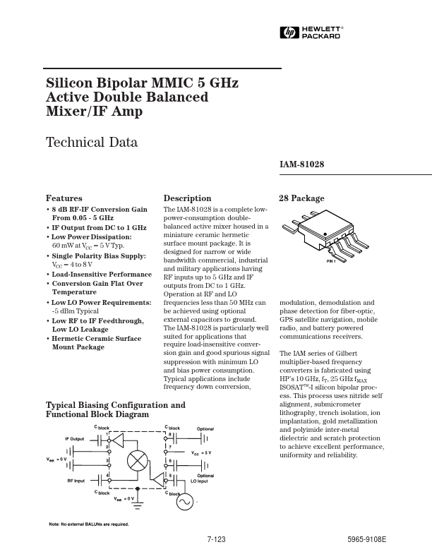 IAM-81028 Active Double Balanced Mixer/IF Amp by HP - Datasheet Preview