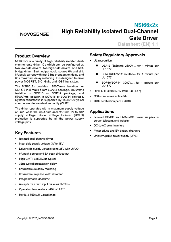 NSI6622VC High Reliability Isolated Dual-Channel Gate Driver by NOVOSENSE - Datasheet Preview