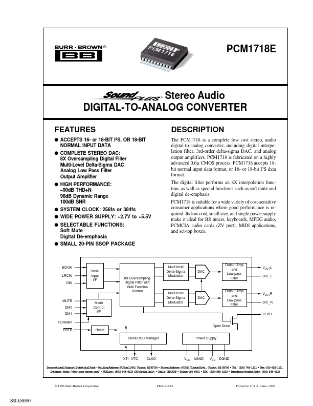 PCM1718E Stereo Audio DIGITAL-TO-ANALOG CONVERTER by Burr-Brown - Datasheet Preview