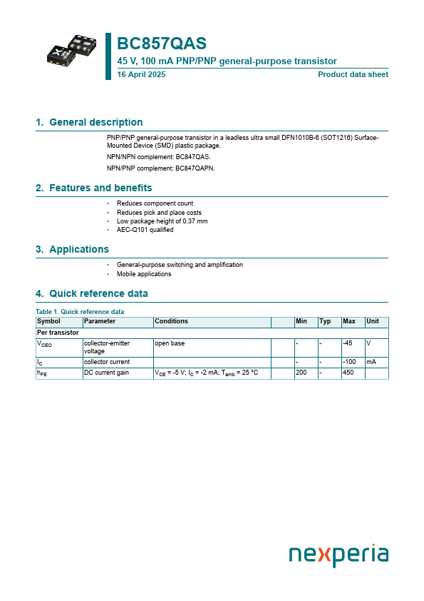BC857QAS 45V 100mA PNP/PNP general-purpose transistor by nexperia - Datasheet Preview