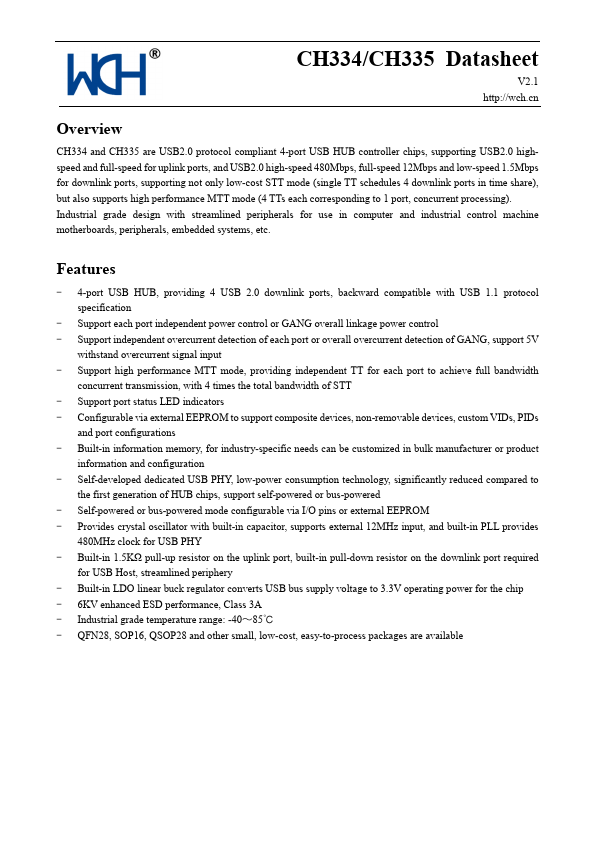 CH334 USB2.0 protocol compliant 4-port USB HUB controller by ETC - Datasheet Preview