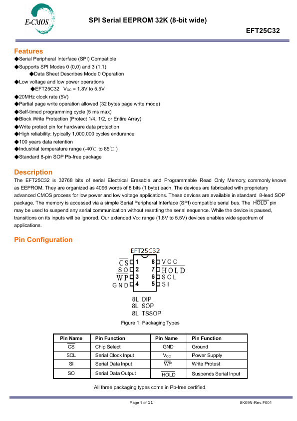 EFT25C32 32K SPI Serial EEPROM by E-CMOS - Datasheet Preview
