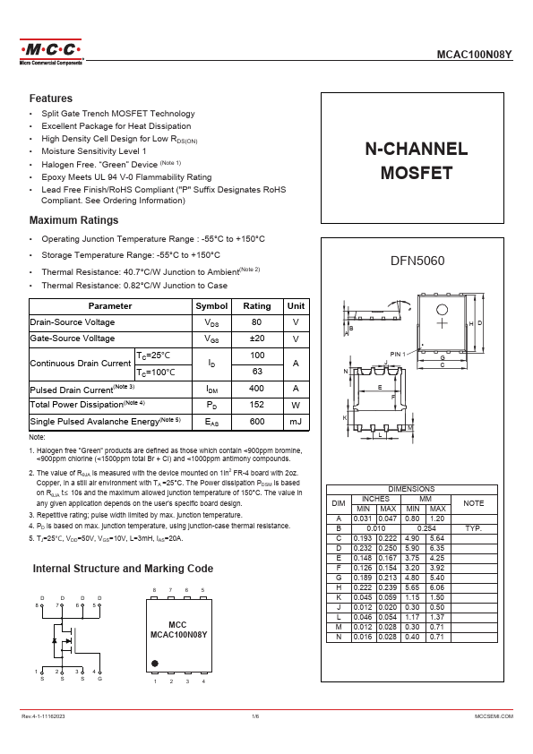 MCAC100N08Y N-CHANNEL MOSFET by MCC - Datasheet Preview