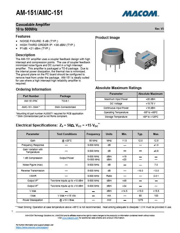 AMC-151 Cascadable Amplifier by MACOM - Datasheet Preview
