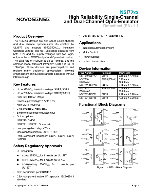 NSI7211-DSPAR High Reliability Single-Channel and Dual-Channel Opto-Emulator by NOVOSENSE - Datasheet Preview