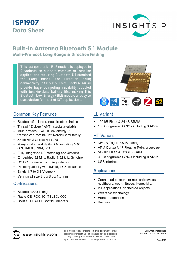 ISP1907 Built-in Antenna Bluetooth 5.1 Module by Insight SiP - Datasheet Preview