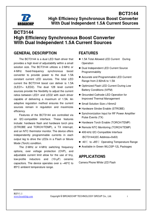 BCT3144 High Efficiency Synchronous Boost Converter by BROADCHIP - Datasheet Preview