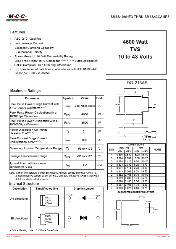 SM6S30CAHE3 4600 Watt TVS by MCC - Datasheet Preview
