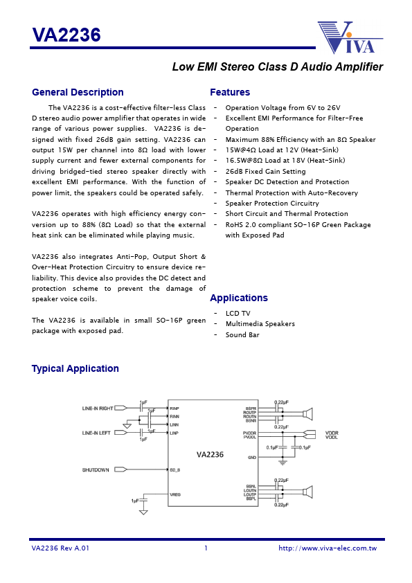 VA2236 Low EMI Stereo Class D Audio Amplifier by Viva Electronics - Datasheet Preview