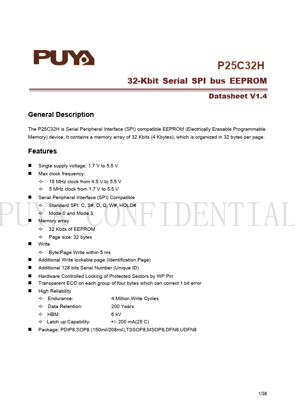 P25C32H 32-Kbit Serial SPI bus EEPROM by Puya - Datasheet Preview