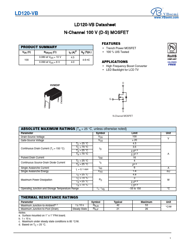 LD120 N-Channel 100V MOSFET by VBsemi - Datasheet Preview