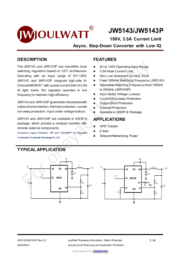 JW5143P Step-Down Converter by JoulWatt - Datasheet Preview