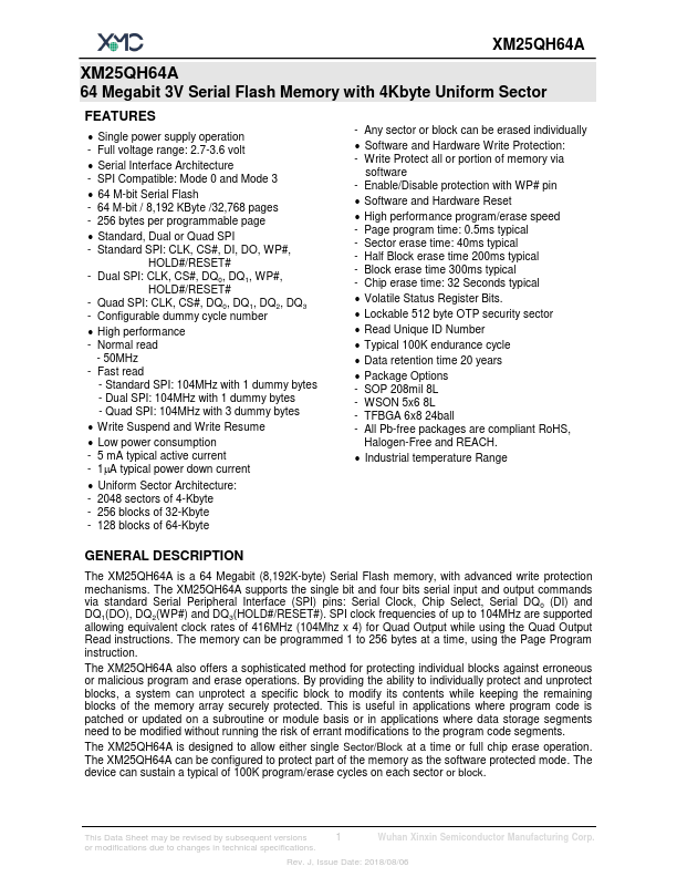 XM25QH64A 64-Megabit 3V Serial Flash Memory by XMC - Datasheet Preview