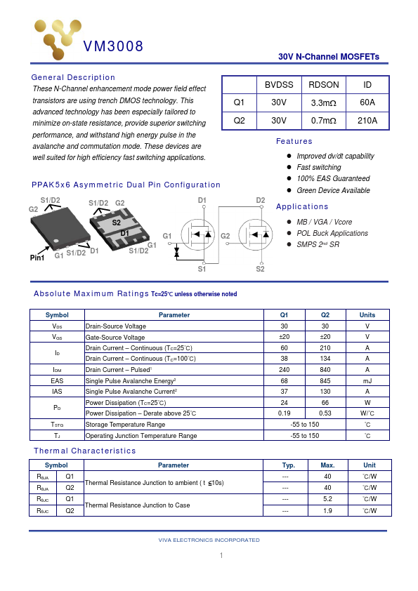 VM3008 30V N-Channel MOSFET by Viva Electronics - Datasheet Preview