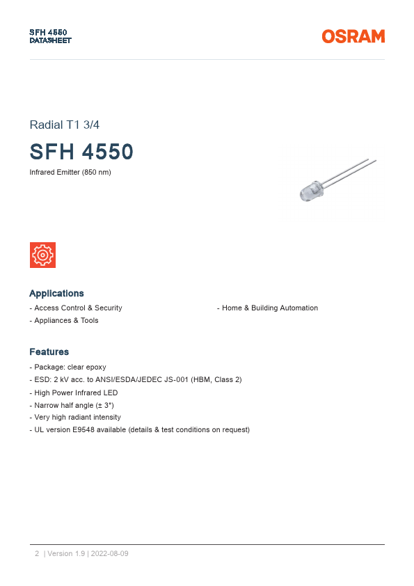 SFH4550 High Power Infrared Emitter by OSRAM - Datasheet Preview
