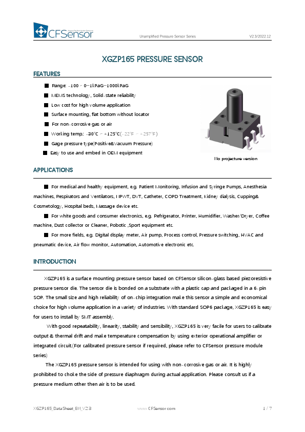 XGZP165 Unamplified Pressure Sensor by CFSensor - Datasheet Preview