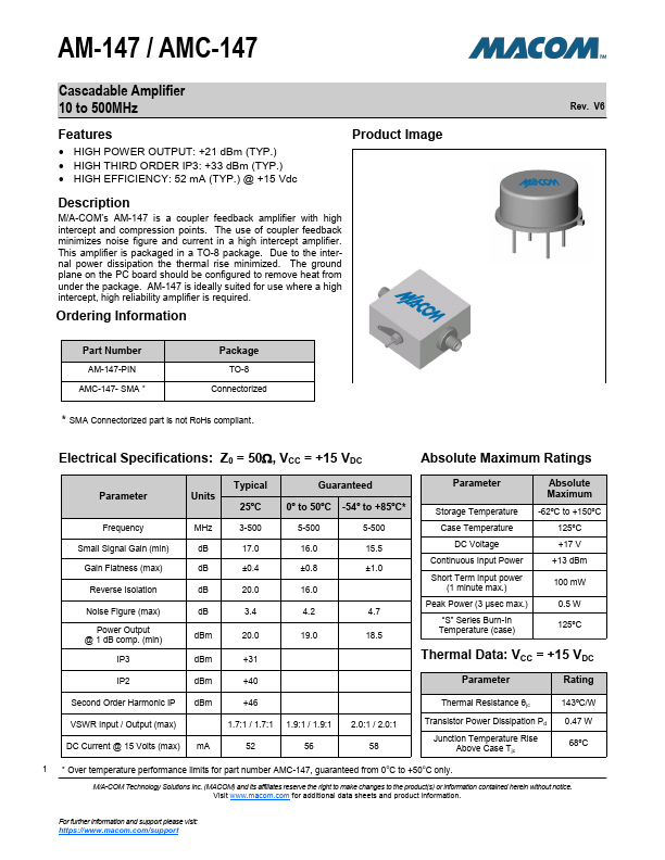 AM-147 Cascadable Amplifier by MACOM - Datasheet Preview