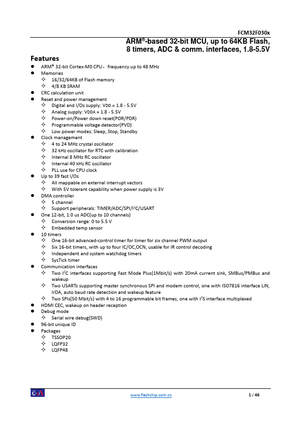 FCM32F030K6 32-bit MCU by flashchip - Datasheet Preview