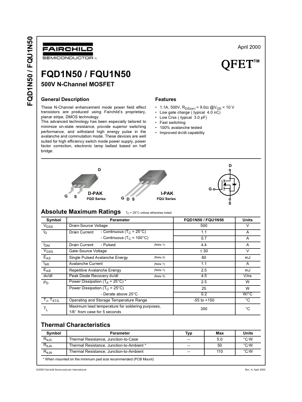 FQD1N50