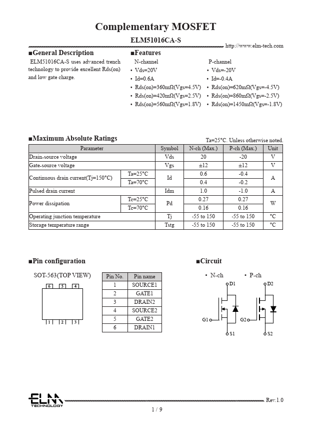 ELM51016CA-S Complementary MOSFET by ELM - Datasheet Preview