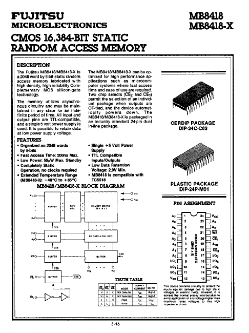 MB8418 CMOS STATIC RANDOM ACCESS MEMORY by Fujitsu - Datasheet Preview