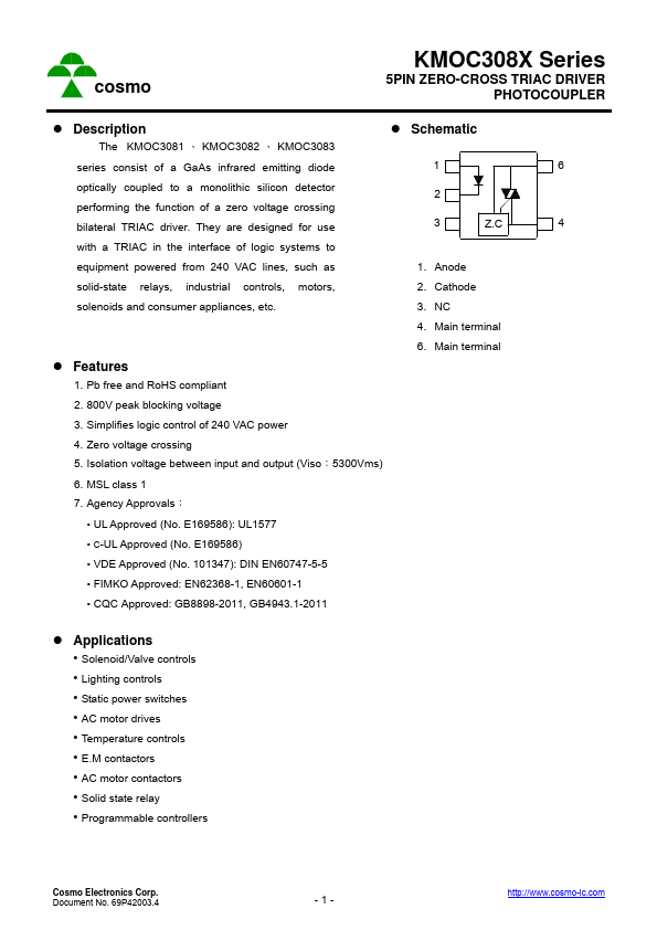 KMOC3081 5PIN ZERO-CROSS TRIAC DRIVER PHOTOCOUPLER by COSMO Electronics - Datasheet Preview