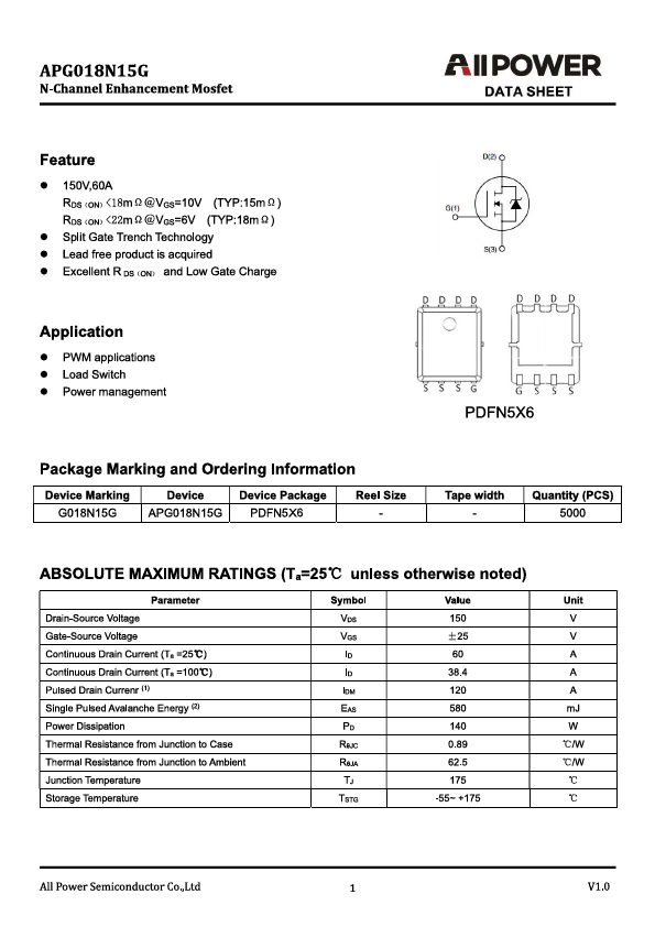 APG018N15G N-Channel MOSFET by ALLPOWER - Datasheet Preview