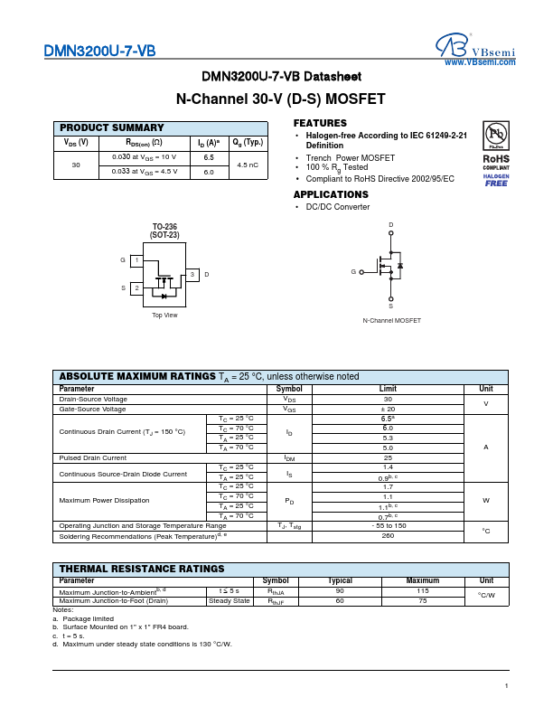 DMN3200U-7 N-Channel 30V MOSFET by VBsemi - Datasheet Preview