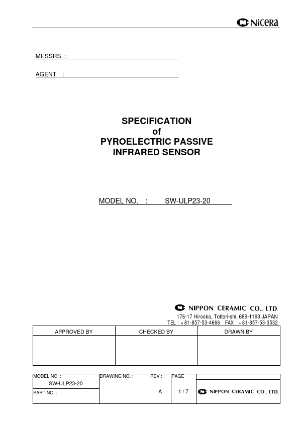 SW-ULP23-20 PYROELECTRIC PASSIVE INFRARED SENSOR by Nippon Ceramic - Datasheet Preview