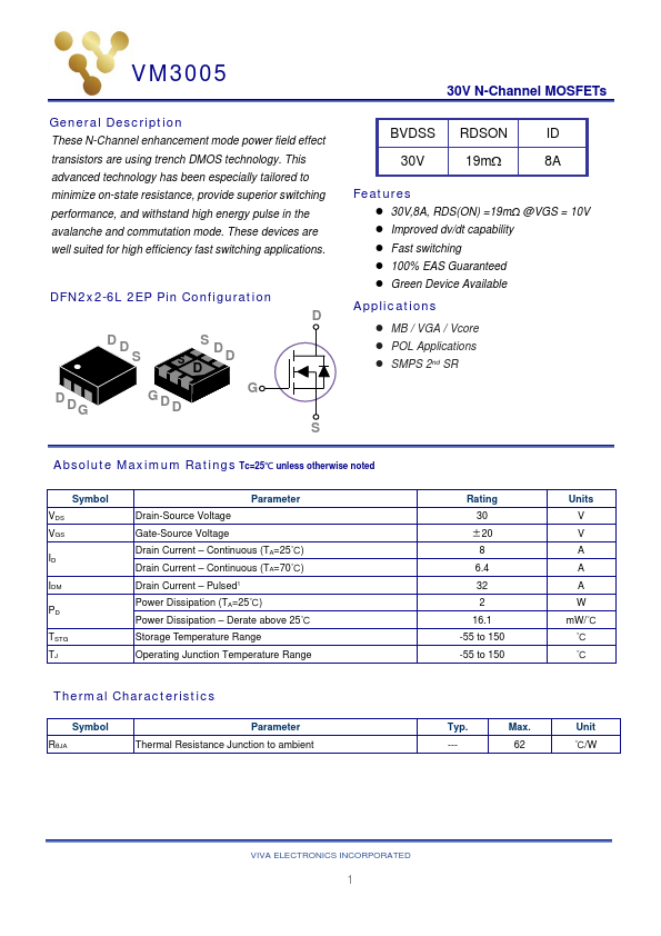 VM3005 30V N-Channel MOSFET by Viva Electronics - Datasheet Preview