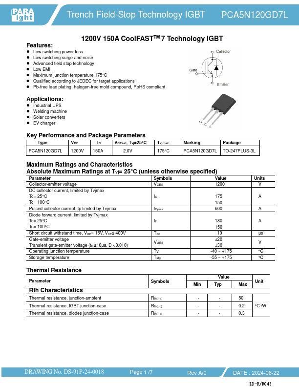 PCA5N120GD7L 1200V 150A IGBT by PARA LIGHT - Datasheet Preview