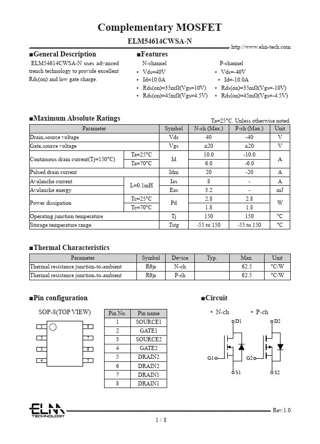 ELM54614CWSA-N Complementary MOSFET by ELM - Datasheet Preview