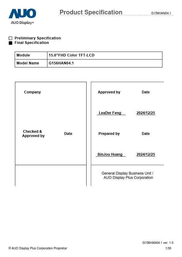 G156HAN04.1 Datasheet Preview