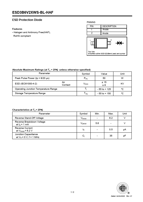 ESD3B6V2XWS-BL-HAF Datasheet Preview
