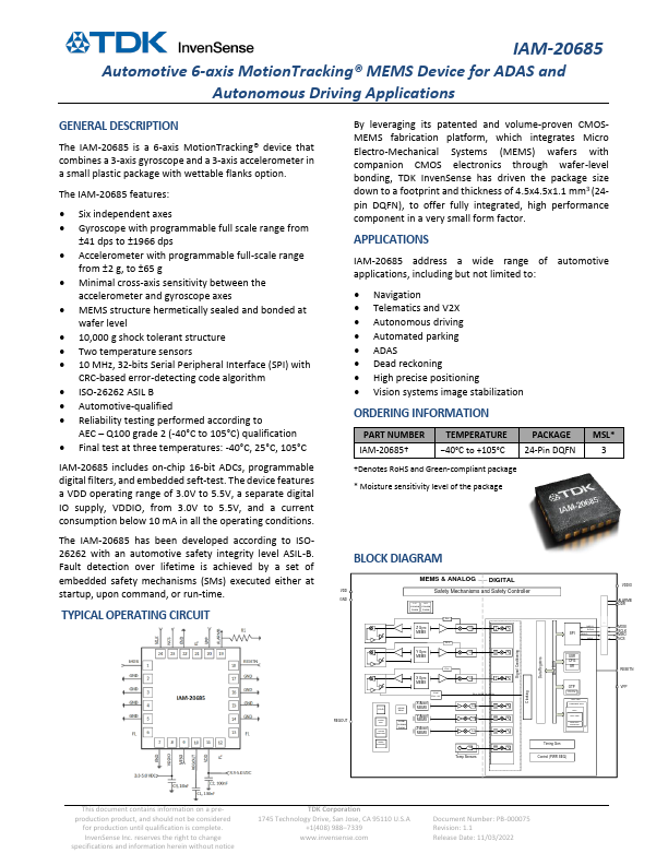 IAM-20685 Automotive 6-axis MotionTracking MEMS Device by TDK - Datasheet Preview