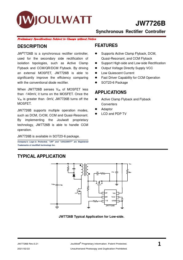 JW7726B Synchronous Rectifier Controller by JoulWatt - Datasheet Preview