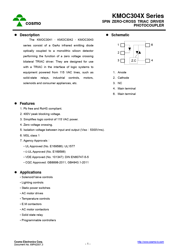 KMOC3043S 5PIN ZERO-CROSS TRIAC DRIVER PHOTOCOUPLER by COSMO Electronics - Datasheet Preview