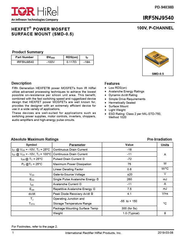 IRF5NJ9540 Datasheet Preview