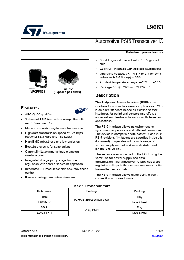L9663 Automotive PSI5 Transceiver IC by STMicroelectronics - Datasheet Preview
