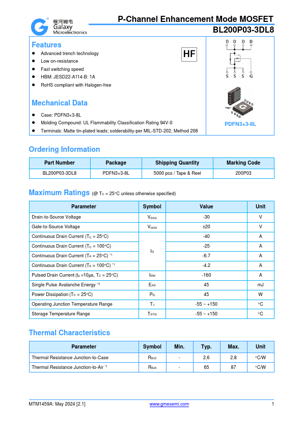 BL200P03-3DL8 P-Channel Enhancement Mode MOSFET by GME - Datasheet Preview