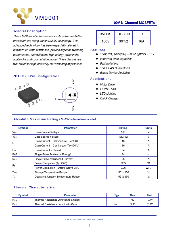 VM9001 100V N-Channel MOSFET by Viva Electronics - Datasheet Preview