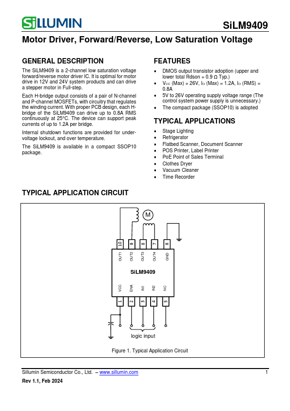 SiLM9409 Forward/Reverse Low Saturation Voltage Motor Driver by Sillumin - Datasheet Preview