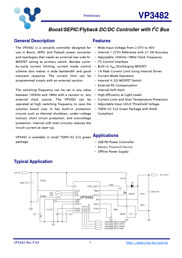 VP3482 Boost/SEPIC/Flyback DC/DC Controller by Viva Electronics - Datasheet Preview