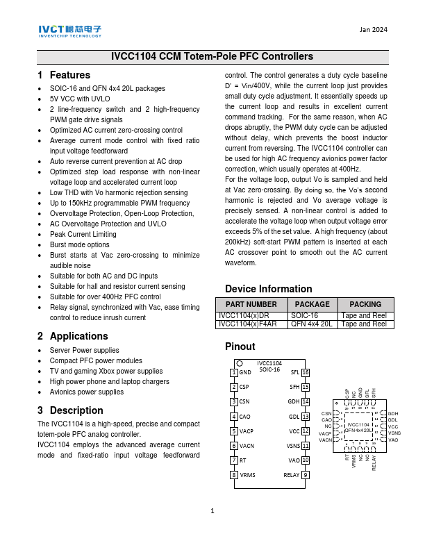 IVCC1104 CCM Totem-Pole PFC Controllers by IVCT - Datasheet Preview