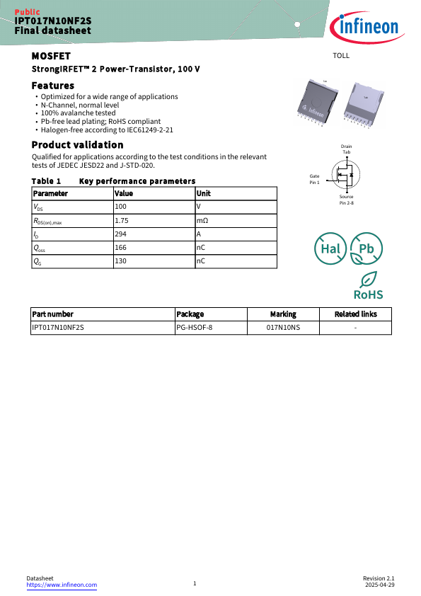 IPT017N10NF2S Datasheet Preview